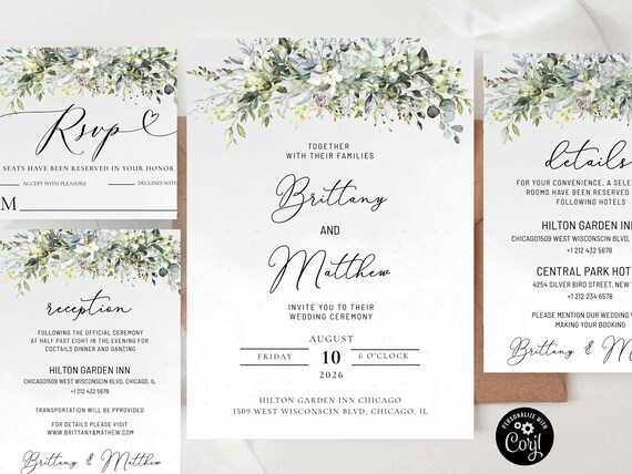 Greenery wedding bundle Invitation corjl, Eucalyptus Wedding invite, Greenery Wedding Stationery Bundle, Eucalyptus, Editable, Corjl, HB1