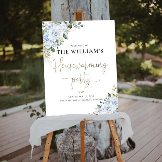 Floral Housewarming Party Welcome Sign, Printable Light Blue Flowers New Home Party Welcome Poster, Botanical New House Sign, Digital File