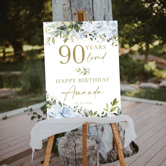 PRINTED OR DIGITAL Dusty Blue Greenery Birthday Party Welcome Sign, Foam Board, Poster, Botanicals 90 Years Loved Sign, Faux Gold, Decor,LB1