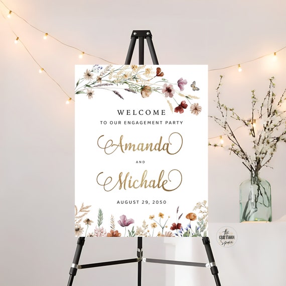 Tiny Floral Engagement Party Welcome Sign, Wildflowers We are engaged Sign, Engagement Party Decorations, Wedding Welcome Sign, Poster, TIY
