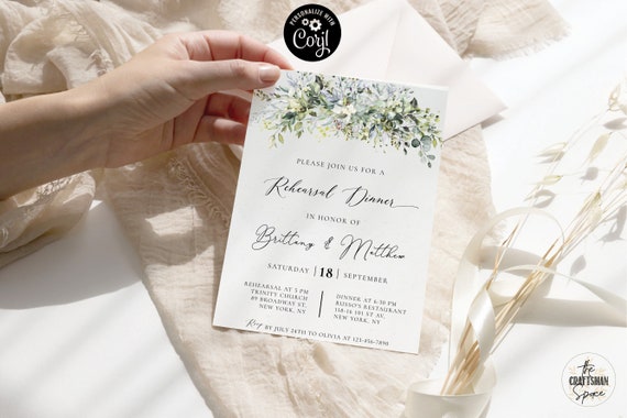 Greener Rehearsal dinner Invitation, the night before invite, Wedding rehearsal Invitation, Corjl, 100% Editable, Eucalyptus, HB1