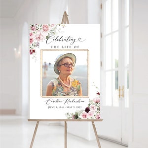 Letrero de bienvenida para funeral con rosas suaves, letrero de bienvenida conmemorativo, letrero de bienvenida para celebración de la vida, decoración funeraria, póster de celebración de la vida, tamaño A1