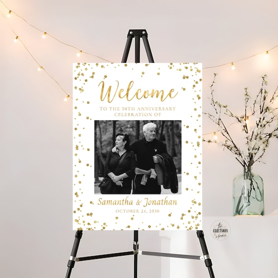 Black Gold 50th Anniversary with photo sign, Photo Anniversary Welcome sign, 50th Anniversary Gift for Parents, 50th anniversary poster