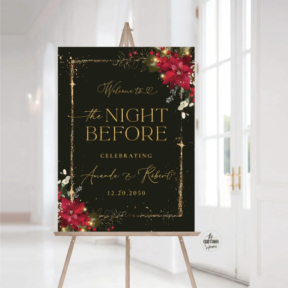Christmas The Night Before Welcome Sign, Christmas Rehearsal Sign, Holiday Welcome Sign, Wedding welcome Sign, Poinsettia and Lights, CRM2