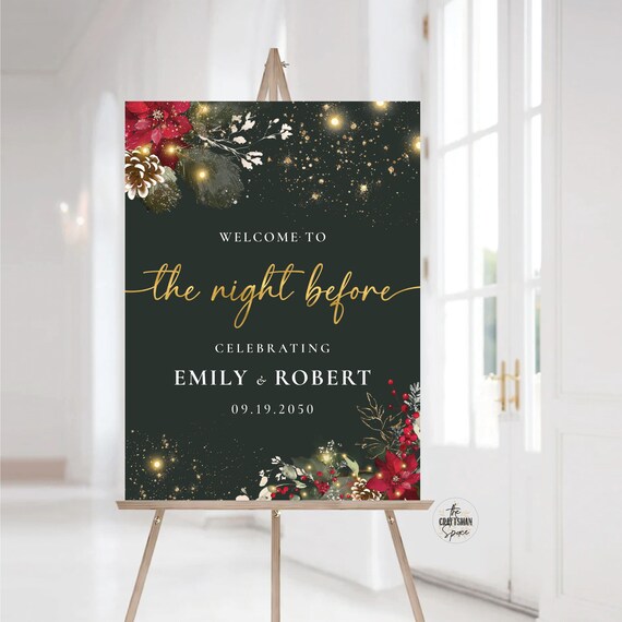 Christmas The Night Before Welcome Sign, Christmas Rehearsal Sign, Holiday Welcome Sign, Wedding welcome Sign, Poinsettia and Lights, CRM5