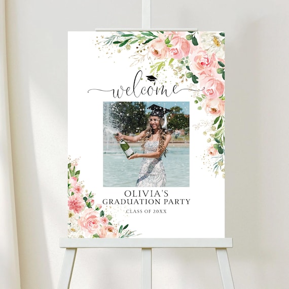 Ethereal Blush Graduation with photo Welcome Sign, Photo Graduation Poster, Modern Graduation Decor, Grad Party Decor, Blush Pink Roses, EB1