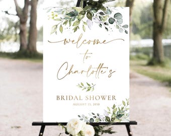PRINTED OR DIGITAL Greenery Bridal Shower Welcome Sign, Faux Gold, Eucalyptus Wedding Sign, Botanical Bridal Shower Foam Board, Poster, HB2