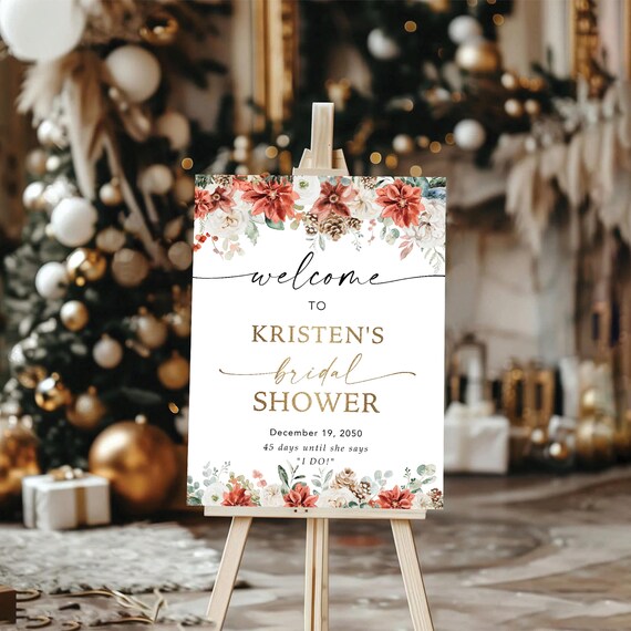 Winter Bridal Shower Sign, Christmas wedding decor, Boho red floral greenery pinecone Bridal Decorations, Tis the season to be married, GP1