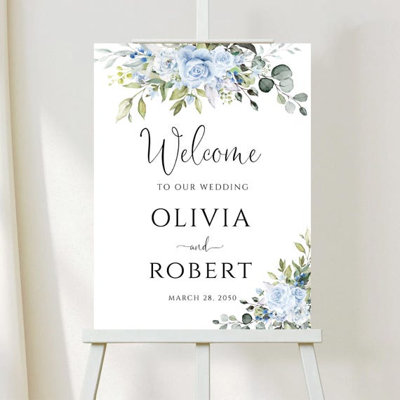 Dusty blue flowers Wedding Welcome Sign, Botanicals Wedding Rehearsal Decorations, Modern Wedding Sign, Bridal Shower Sign, Eucalyptus, LB4