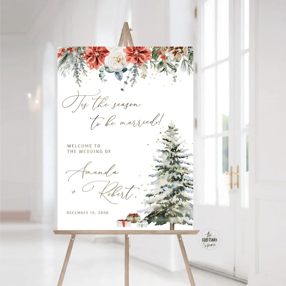 Winter wedding Sign, Christmas wedding decor, Boho red floral greenery pinecone Wedding sign, Tis the season to be married, Poinsettia, GP1