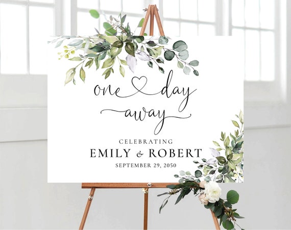 Greenery One Day Away Welcome Sign, Botanicals Wedding Rehearsal Dinner Sign, Wedding Decorations, The night before, Eucalyptus, Herbal, HB2