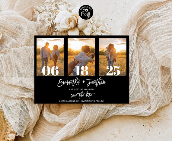 Black and White Save the Date with Photo Collage Template, Boho Save The Date Digital Download, Modern Save The Date, Editable, Corjl