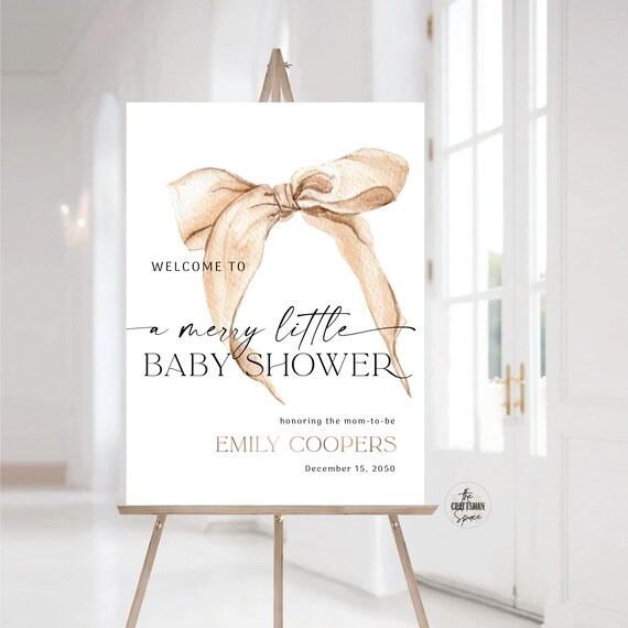 Baby Shower Welcome Sign with Bows, Editable Holiday Baby shower sign, Little bow baby shower, Cozy Baby Shower Decor, Bows and ribbon sign