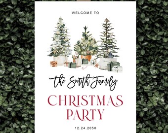 May include: A white sign with a watercolor illustration of three Christmas trees, presents, and a star. The text reads "Welcome to The Smith Family Christmas Party 12.24.2050".