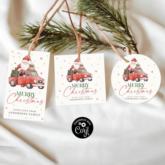 Merry Christmas Tag, Christmas Truck Tag, Holiday Gift Tag Template, Christmas Favor Tag, Circle tag, Square Tag, Personalized Tags
