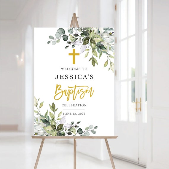 Greenery baptism welcome sign, Baptism sign, First Communion, Quinceañera Welcome Sign, Quinceanera Sign, Baby shower sign