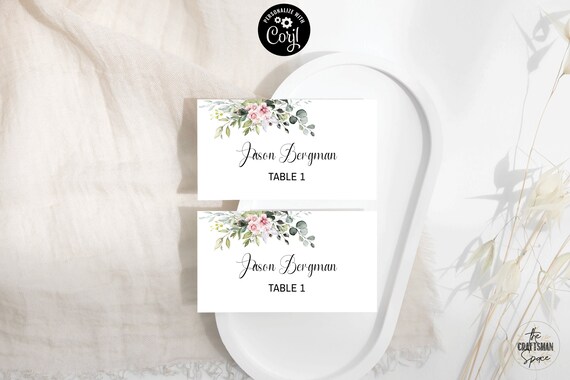 Greenery Table Name Card, Wedding Place Cards, Eucalyptus Watercolor Greenery Leaves, Flat and Tentfolded, Blush pink roses, BG1