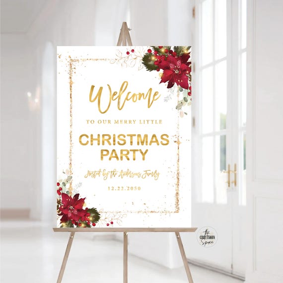 Christmas Party Welcome Sign, Christmas Welcome Poster, Printable Christmas Welcome Sign, Holiday Welcome Sign, Poinsettia and Lights, CRM2