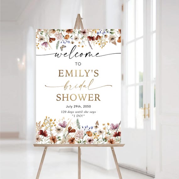 PRINTED OR DIGITAL Wildflower Bridal Shower Welcome Sign, Foam Board or Poster, Printable Tiny Floral Bridal Shower Signage, Faux Gold, tiy