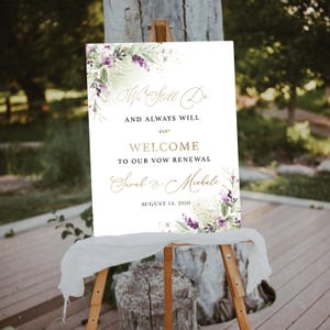 Cartello di benvenuto per il rinnovo dei voti verde-viola, Cartello &quot;We Still Do and Always Will&quot;, Decorazione per il rinnovo dei voti, Cartello per anniversario di matrimonio, Cartello stabilito, GPU