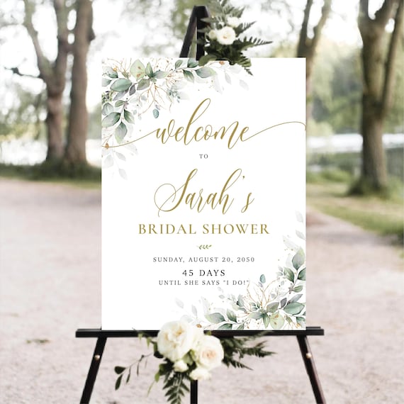 Greenery Gold Bridal Shower Welcome Sign, Botanical Watercolor (Printed or Digital File)
