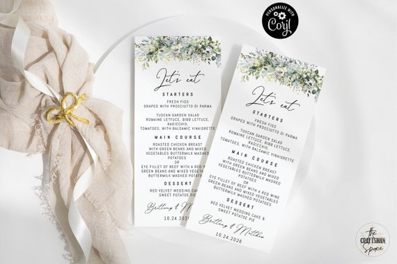 Greenery wedding Menu Template, Modern Wedding Menu, Minimal Wedding, Wedding Table Decor, Editable, Corjl, Eucalyptus, HB1