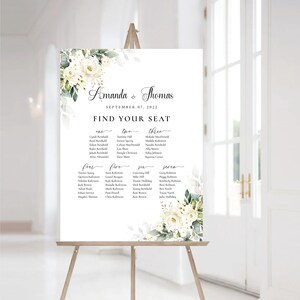 Tableau des sièges mariage roses blanches, plan des sièges mariage par ordre alphabétique, table à cartes des sièges mariage, plan des sièges mariage roses crème, WR3