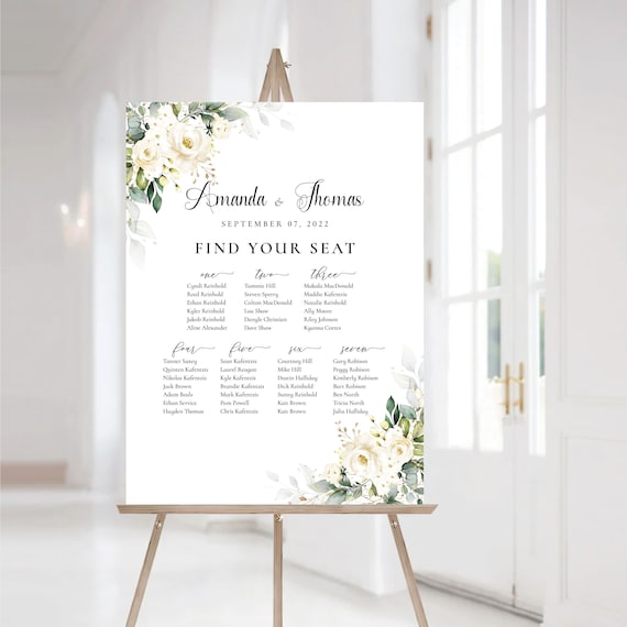 White roses Wedding seating chart, Wedding seating chart alphabetical, Wedding seating chart table, Cream roses Wedding Seating Chart, WR3