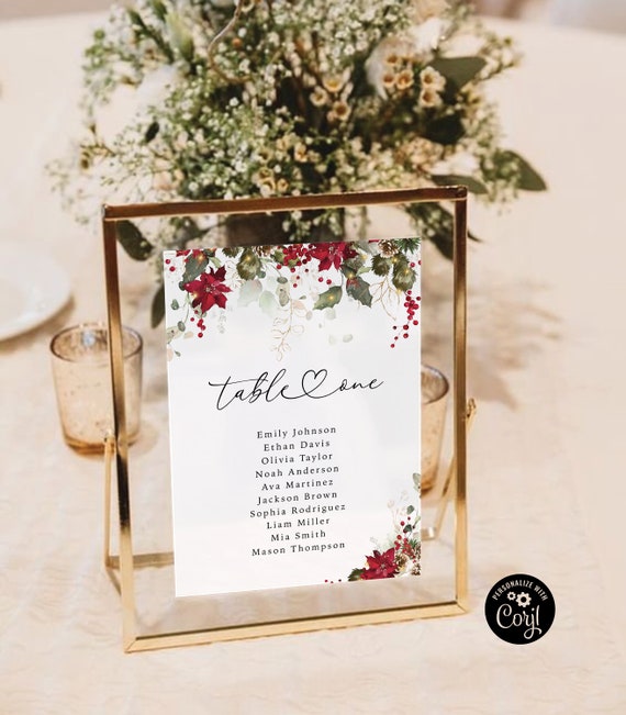 Red Poinsettia Wedding Seating Chart Cards Template, Hanging Seating Board, Printable Seating Plan, Table Seating Chart, card template, CMR1