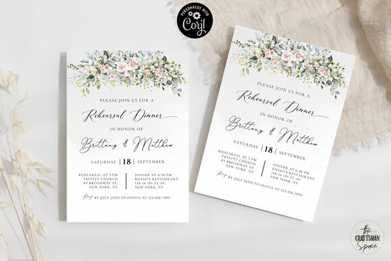 Greenery with Blush Pink Rehearsal Dinner Invitation, the night before invite, Wedding rehearsal Invite, Corjl, Editable, Eucalyptus, BG2