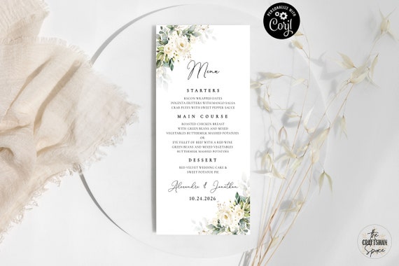 White roses wedding Menu Template, Modern Wedding Menu, Minimal Wedding, Wedding Table Decor, Editable, Corjl, cream roses, WR3