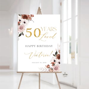 Seide Blumen 50 Jahre geliebt Willkommensschild, alles Gute zum Geburtstag Willkommensschild, 50.Geburtstag Zeichen, alles Gute zum Geburtstag Dekoration, Boho, SFL1