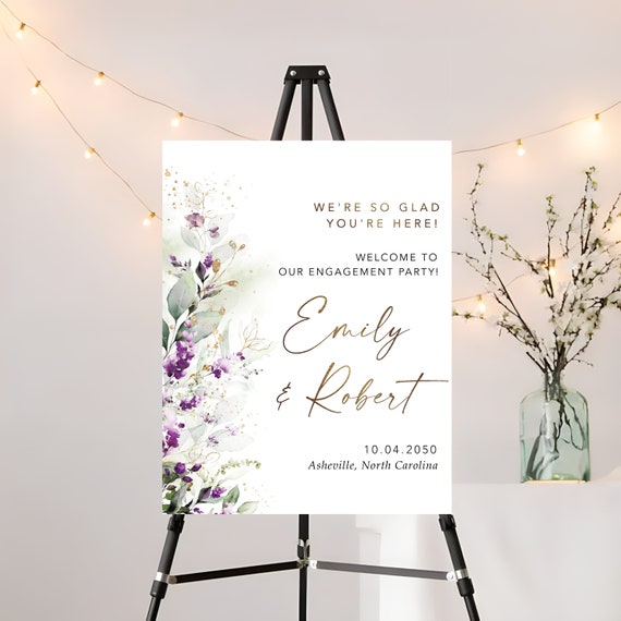 Greenery Purple We are engaged Sign, Lilac Engagement Party Sign, Green Lavender Engagement Party Decor, Wedding Welcome Sign, Poster, GPU