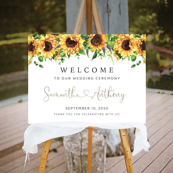 Elegant Sunflower Wedding Welcome Sign, Rustic Floral Decor, Faux Gold (Printed or Digital File)