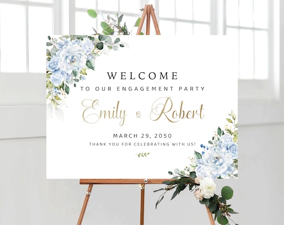 Dusty Blue Greenery Engagement Party Welcome Sign, Botanicals Wedding Rehearsal Decorations, Minimalist We are Engaged Sign, Eucalyptus, LB5