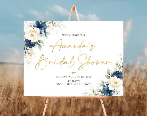 PRINTED OR DIGITAL Navy Blue and White Floral Bridal Shower Welcome Sign, Foam Board, Poster, Bohemian, Boho Wedding Shower Decorations, NW1