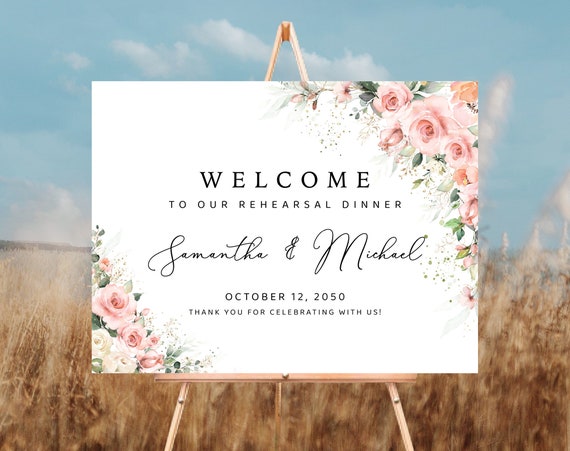 Blush pink roses Rehearsal Dinner Welcome Sign, The Night Before Sign, Wedding Rehearsal Sign, Wedding Decorations, Sunny Roses, EB2