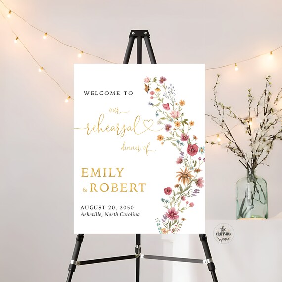Wildflowers Rehearsal Dinner Welcome Sign Template, Wildflowers Wedding Ceremony Sign, Wedding Decor, Watercolor Wildflower, Bohemian, WIF1