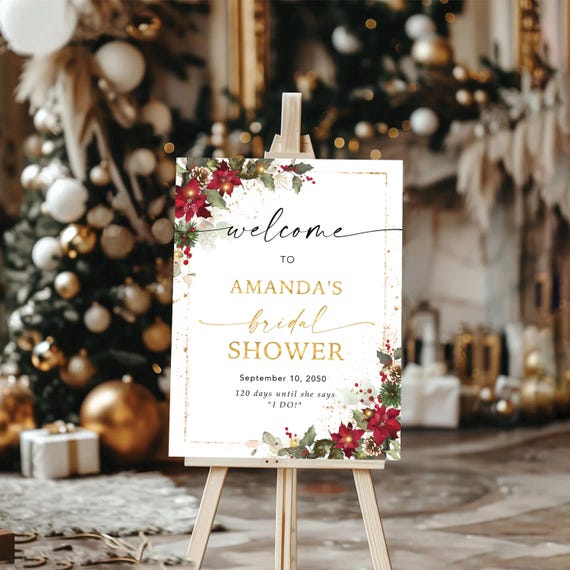 Winter Bridal Shower Welcome Sign, Christmas Bridal Shower Sign, Holiday Wedding Decoration, Poinsettia and Lights, Rustic Christmas, CRM6