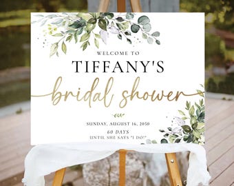 Eucalyptus Bridal Shower Welcome Sign, Greenery Watercolor, Elegant Script (Digital Printable)