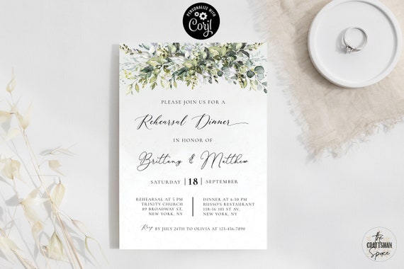 Greener Rehearsal dinner Invitation, the night before invite, Wedding rehearsal Invitation, Corjl, 100% Editable, Eucalyptus, HB5