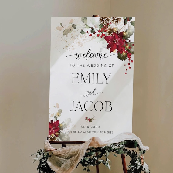Red Poinsettia Christmas Wedding Welcome Sign (Printed or Digital File)