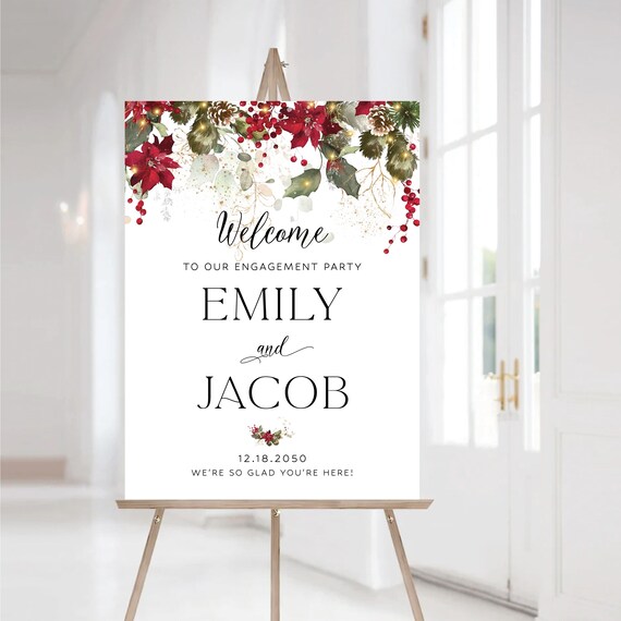 Red Poinsettia Engagement Party Welcome Sign, Winter Decoration (Digital Printable)