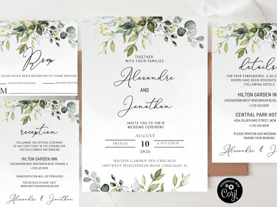 Greenery wedding bundle Invitation corjl, Eucalyptus Wedding invite, Greenery Wedding Stationery Bundle, Eucalyptus, Editable, Corjl, HB2