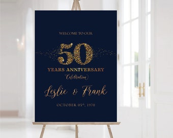 Navy blue Anniversary sign, 50th anniversary sign, Anniversary Sign Printable, 50th Anniversary decoration, 50th anniversary poster, Gold