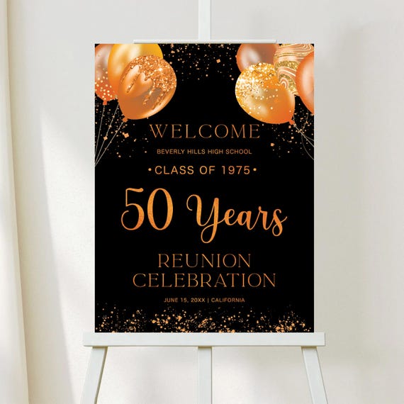 Class Reunion Welcome Sign, Orange Balloons & Confetti, Any class any year Reunion Welcome Poster, Modern 50 year High School Reunion Sign