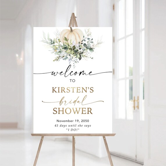 Pumpkin and Greenery Bridal Shower Welcome Sign, Autumn Wedding Sign, Winter Bridal, Fall in love Bridal Shower Decorations, Eucalyptus, GP1