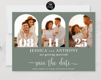 Sage Green Save The Date Card with Multiple Photos, Minimalist Save The Date Template, Save The Date Announcement Card, Editable, Corjl, M1