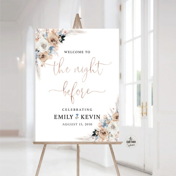 Ivory And Blue Boho The night before Welcome Sign, Rehearsal Dinner Sign, One Day Away Sign, Bohemian, Wedding Decor, Wedding Poster, IVB