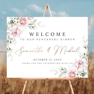 Blush pink Rose Rehearsal Dinner welcome sign, Greenry Wedding rehearsal Sign, Rehearsal Dinner, Wedding Rehearsal Decoration, A2